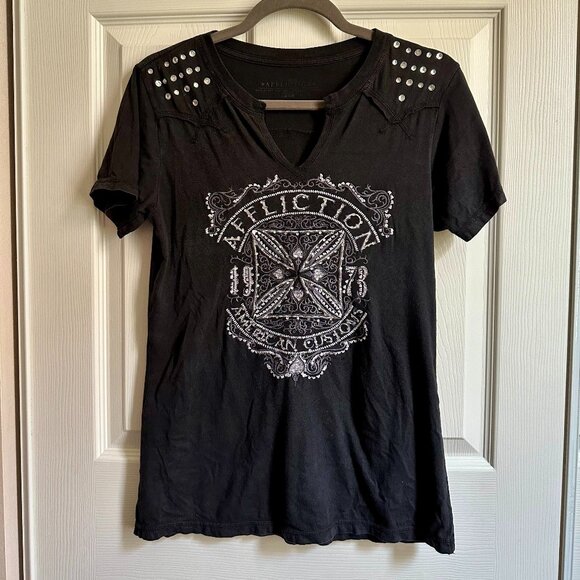 Women's M / L Black Affliction T-shirt with Rhinestones Grunge Biker Goth 2000s - Picture 1 of 8